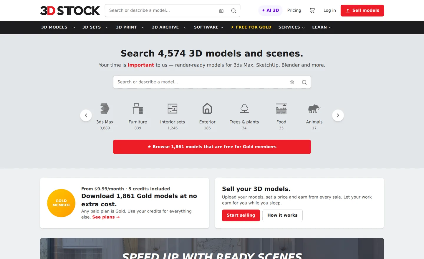 3dstock.org ana sayfası: 3D model arama, kategoriler ve satıcı ol bölümü
