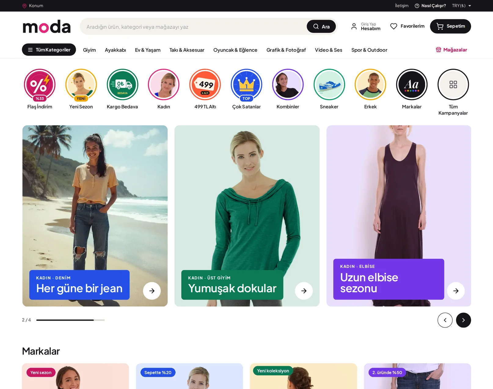 Moda pazaryeri demosunun vitrin ekranı
